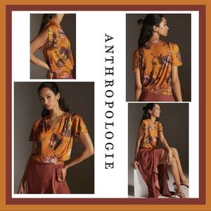 Anthropologie Tiny Venus Cedar Floral Surplice Blouse with Flutter Sleeves Sz XS
